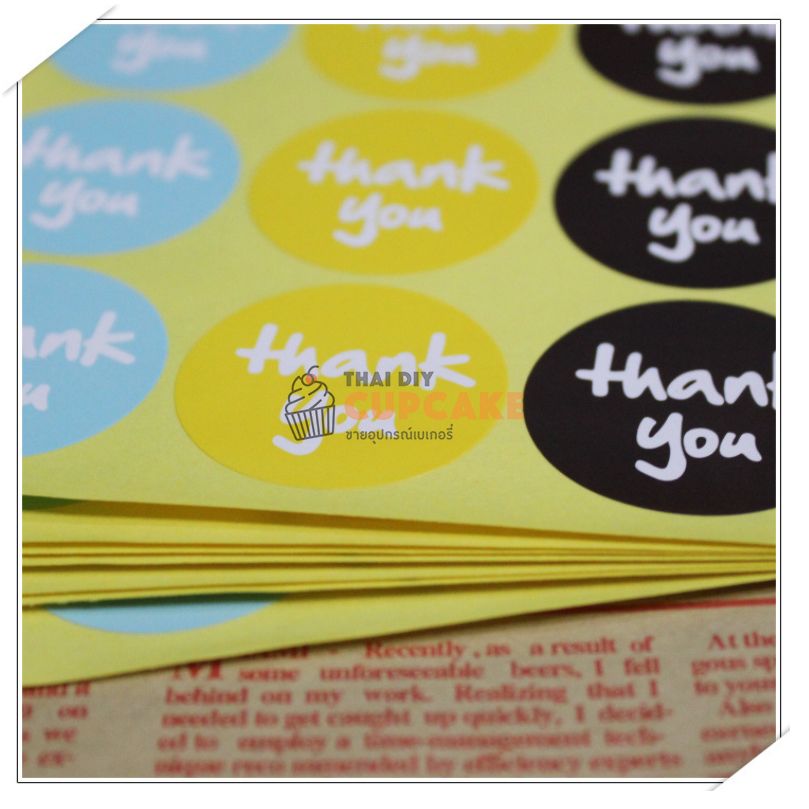 สติ๊กเกอร์ กระดาษสีฟ้า เหลือง ดำ วงกลม พิมพ์ thank you ขนาด 3.8x3.8 ซม. 10 แผ่น 90 ดวง สติ๊กเกอร์ กระดาษสีฟ้า เหลือง ดำ วงกลม พิมพ์ thank you ขนาด 3.8x3.8 ซม. 10 แผ่น 90 ดวง - อุปกรณ์เบเกอรี่