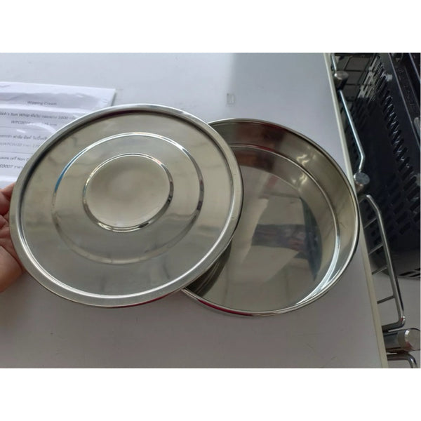 ถาดรองตะแกรง ร่อน พร้อมฝาปิด แสตนเลส 304 แบบเงา สำหรับตะแกรง 25 ซม.