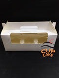 กล่องใส่คัพเค้ก สีขาว มีหน้าต่าง หูหิ้ว 3 หลุม หน้าต่างใส ฐาน 24x9.5 ซม.สูง 10 ซม.  4 กล่อง/ชุด