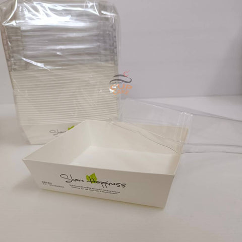 ถาดใส่ขนม ถาดกระดาษกันซีม สีเขาว กล่องลึก 4 ซม. ฝาพลาสติกนูน 3 ซม.  ขนาด 13x13 ซม. 25 กล่อง/แพ๊ค